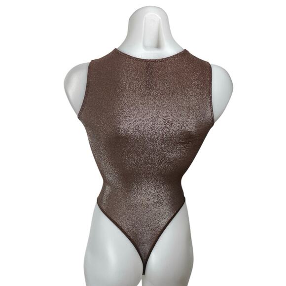 Skims Brown Metallic Glitter Shimmer Sleeveless Bodysuit Thong Tank Top Sz XXS - Picture 2 of 3